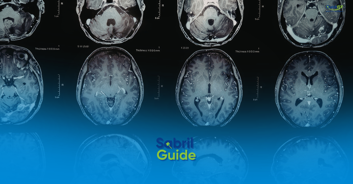 Grid of axial brain MRI scans on a blue-toned background with the title "Sabril Guide" and the QuickRx Specialty Pharmacy logo.