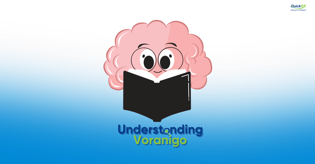 Cartoon brain reading a book, for a QuickRX Specialty Pharmacy guide to understanding Voranigo