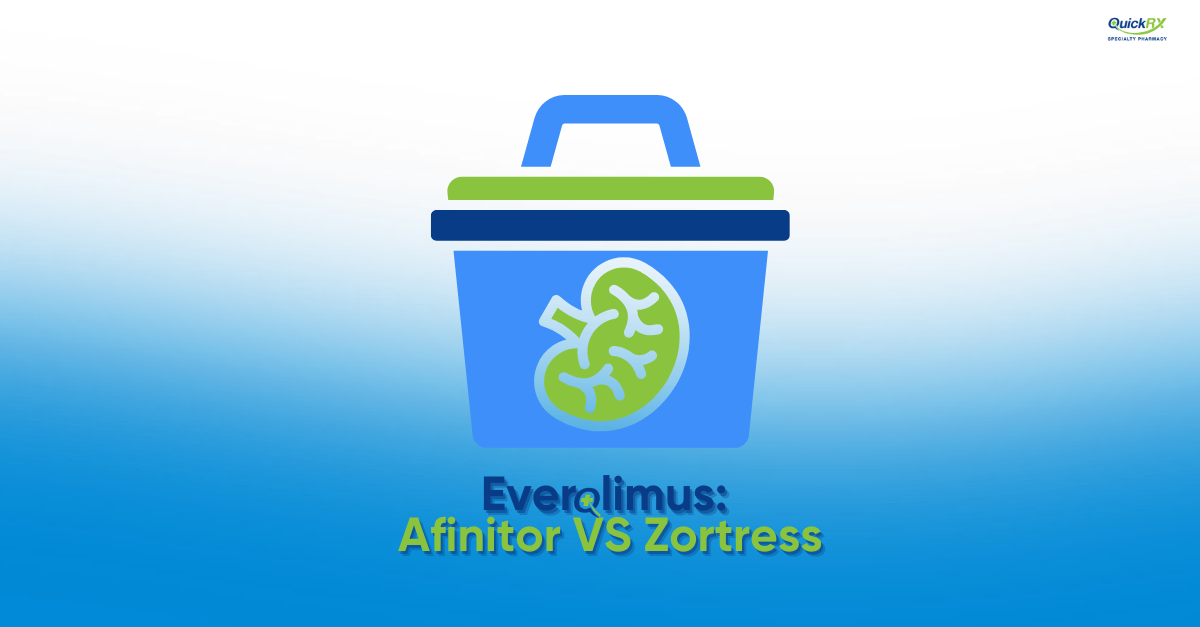 Organ transport container holding a kidney, for a QuickRX Specialty Pharmacy guide comparing the everolimus brands Afinitor and Zortress