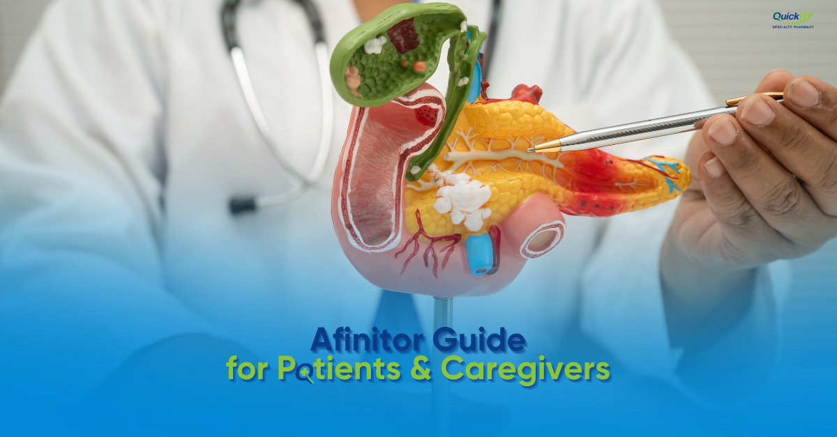 Provider pointing to an anatomical model of the pancreas and digestive organs, for a QuickRX Specialty Pharmacy Afinitor guide for patients and caregivers