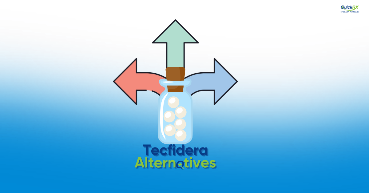Pill bottle with arrows pointing in different directions, for a QuickRX Specialty Pharmacy guide to Tecfidera alternatives