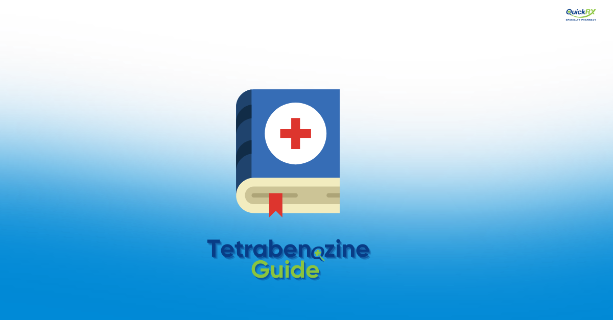 Medical guide book icon with a red cross, for a QuickRX Specialty Pharmacy guide to tetrabenazine