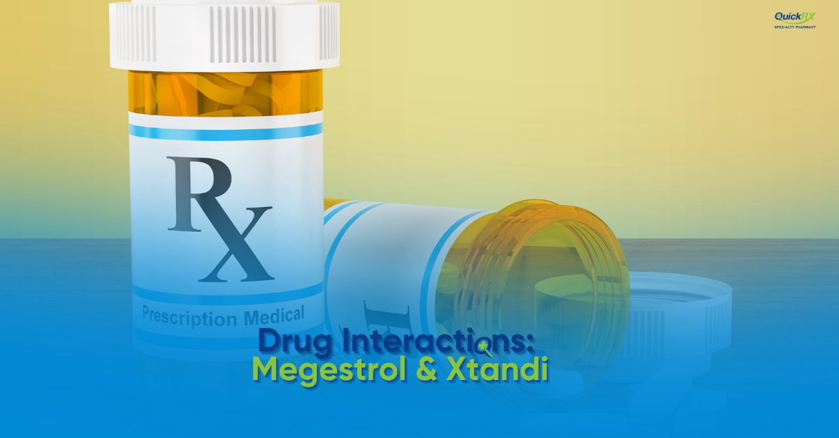Prescription pill bottle marked with the Rx symbol, for a QuickRX Specialty Pharmacy guide to drug interactions between megestrol and Xtandi