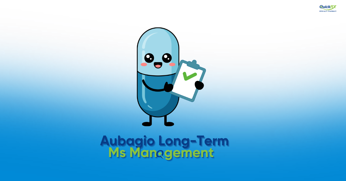 Cartoon pill character holding a clipboard with a green checkmark, for a QuickRX Specialty Pharmacy guide to long-term Aubagio use for MS management