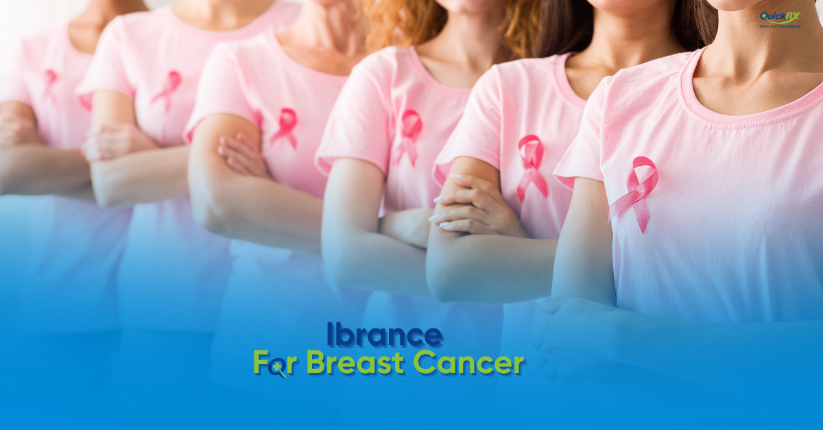 Row of women wearing pink shirts and pink breast cancer awareness ribbons, for a QuickRX Specialty Pharmacy guide to Ibrance for breast cancer
