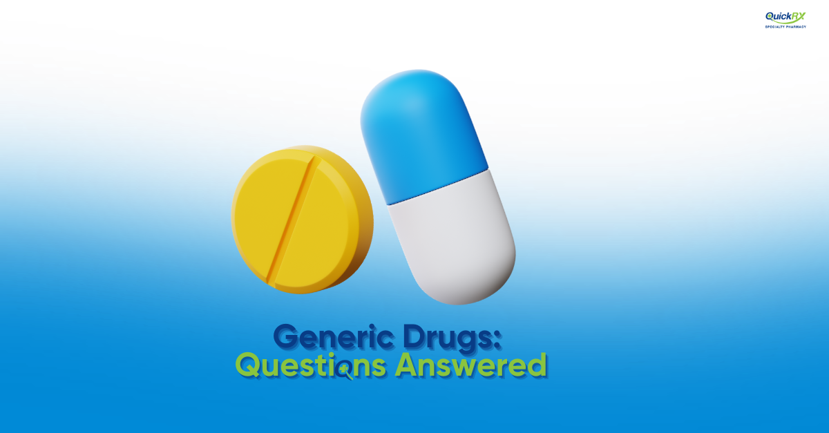 Illustrated yellow tablet and blue-and-white capsule on a blue background, for a QuickRX Specialty Pharmacy guide answering common questions about generic drugs