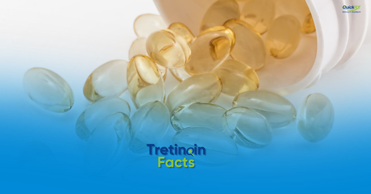 Amber gel capsules spilling from a bottle, for a QuickRX Specialty Pharmacy guide to tretinoin facts