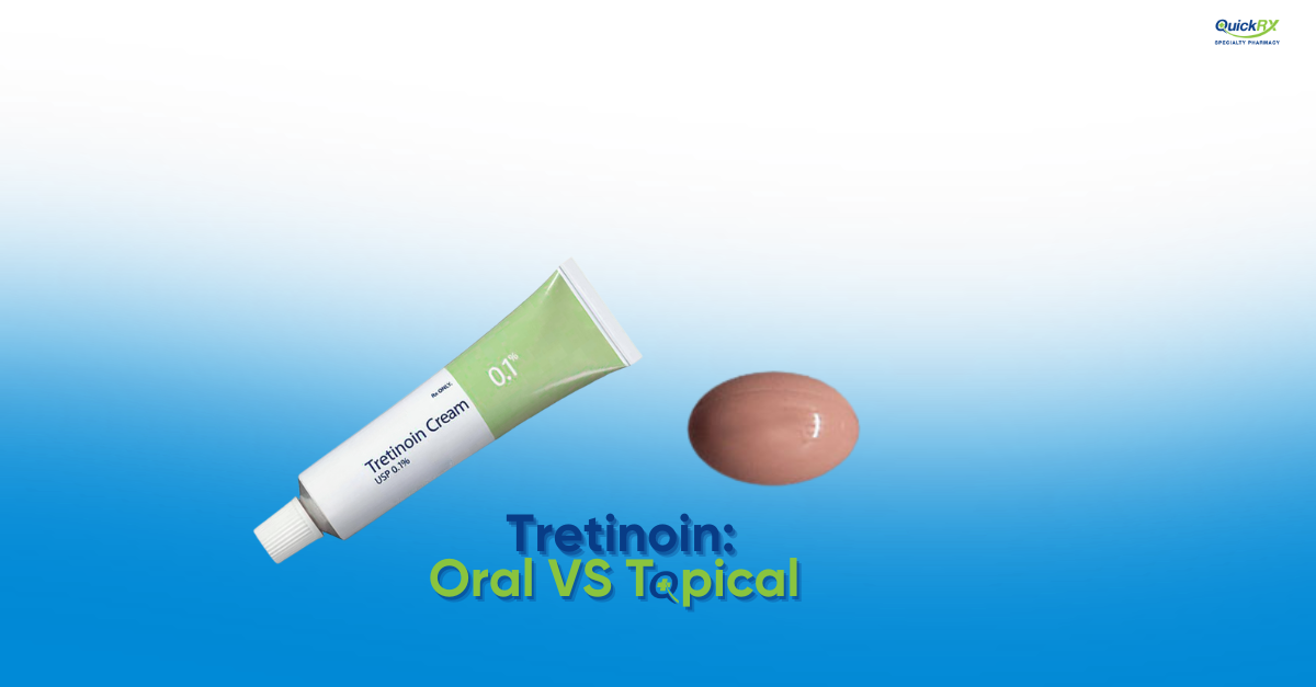 Tube of tretinoin cream 0.1% with a dab of cream, for a QuickRX Specialty Pharmacy guide comparing oral and topical tretinoin