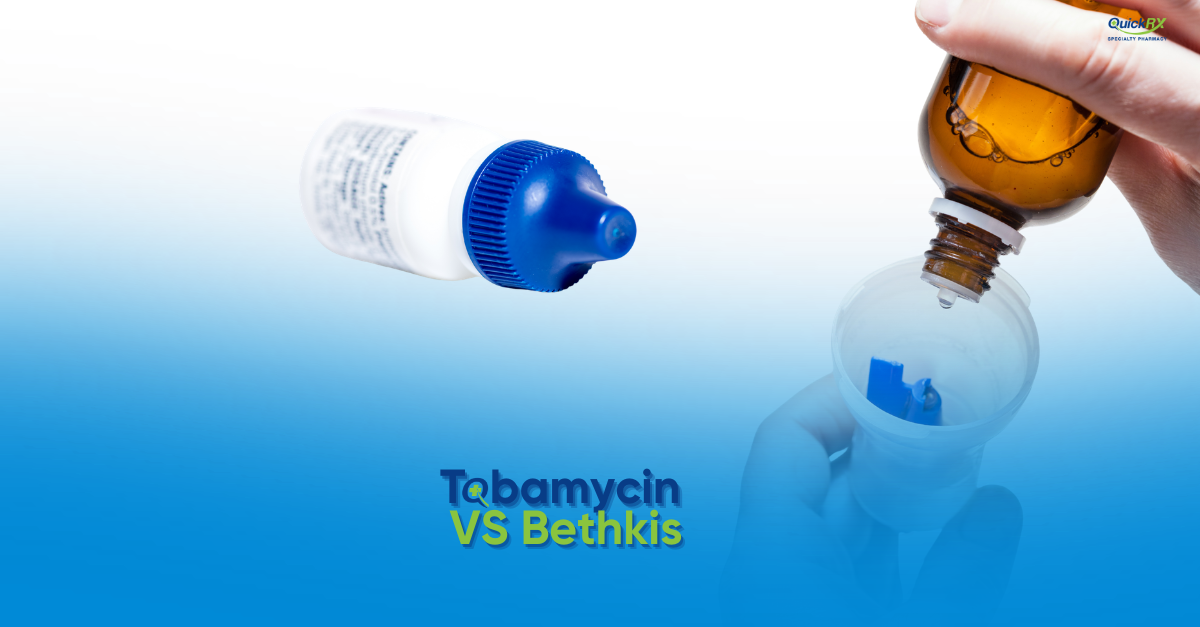 White dropper bottle and an amber bottle of solution, for a QuickRX Specialty Pharmacy guide comparing tobramycin eye drops and inhalation solution (Bethkis)
