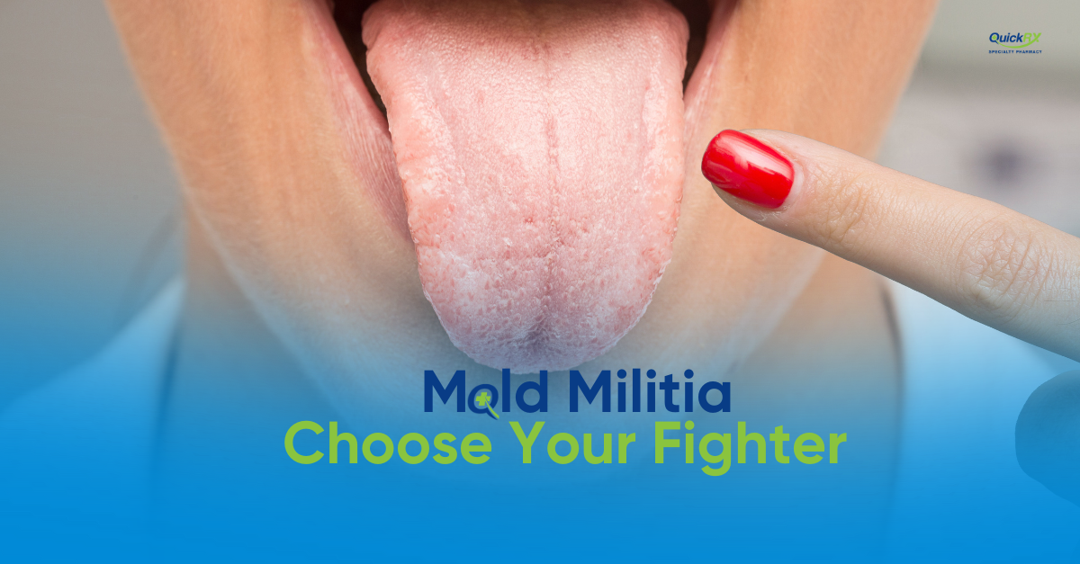 Medical image showing a tongue examination with text 'Mold Militia: Choose Your Fighter' overlaid on a blue gradient background, comparing Flucytosine and Posaconazole antifungal treatments