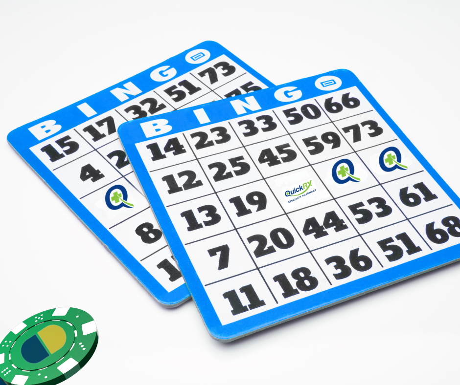 Bingo cards with QuickRx branding representing diverse C. diff patient demographics