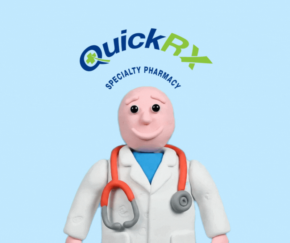 Friendly 3D cartoon doctor character with stethoscope representing QuickRx Specialty Pharmacy's comprehensive C. diff support services