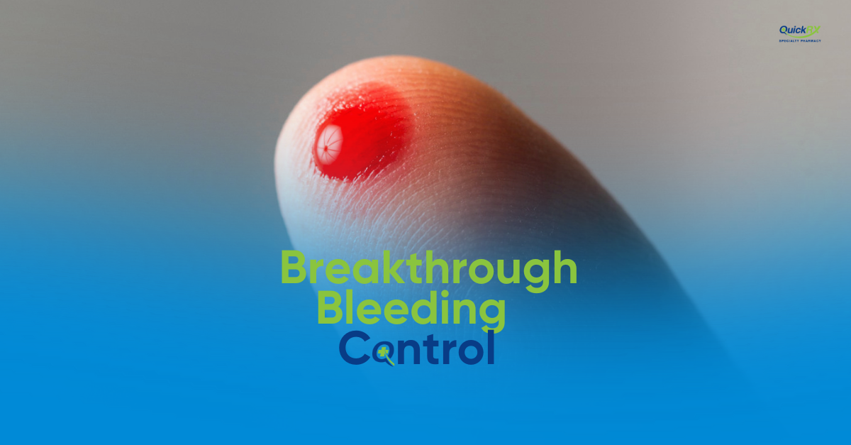 Close-up image of a blood droplet on skin with text 'Breakthrough Bleeding Control' representing Hemlibra treatment for hemophilia patients