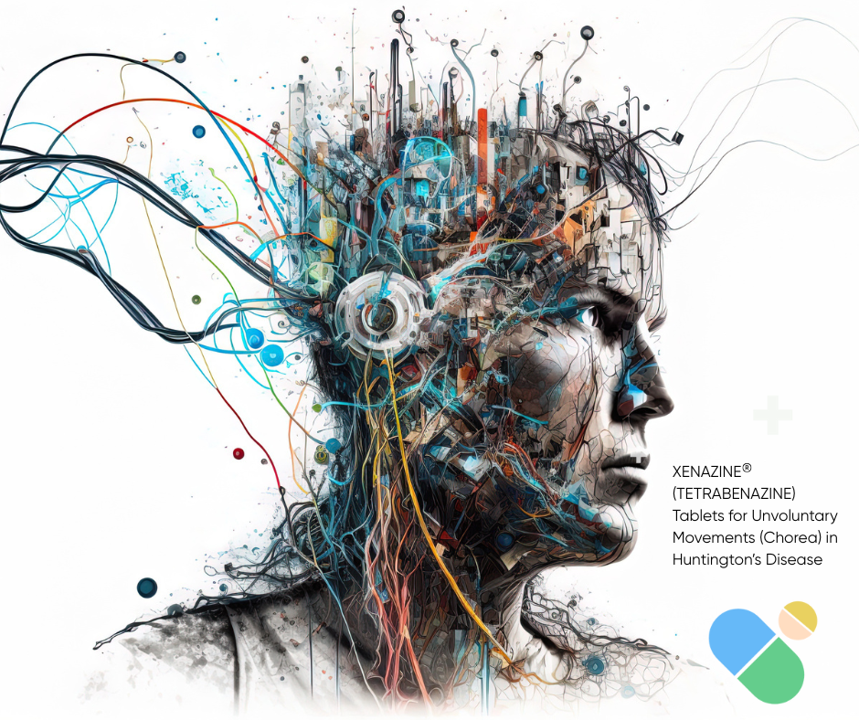 Artistic representation of human profile with colorful neural pathways and brain circuitry, illustrating the neurological complexity of Huntington's disease and tetrabenazine's role in managing chorea symptoms