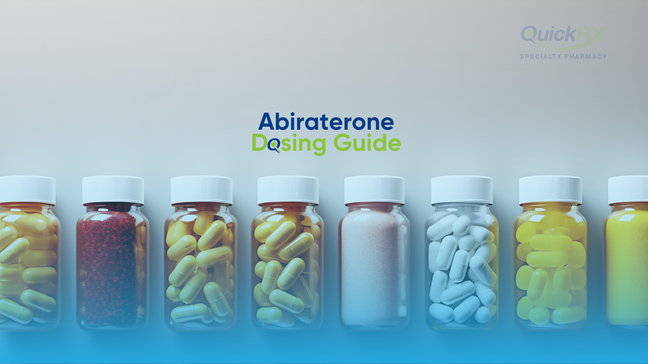 Multiple prescription bottles containing various medications including abiraterone tablets with text overlay "Abiraterone Dosing Guide"