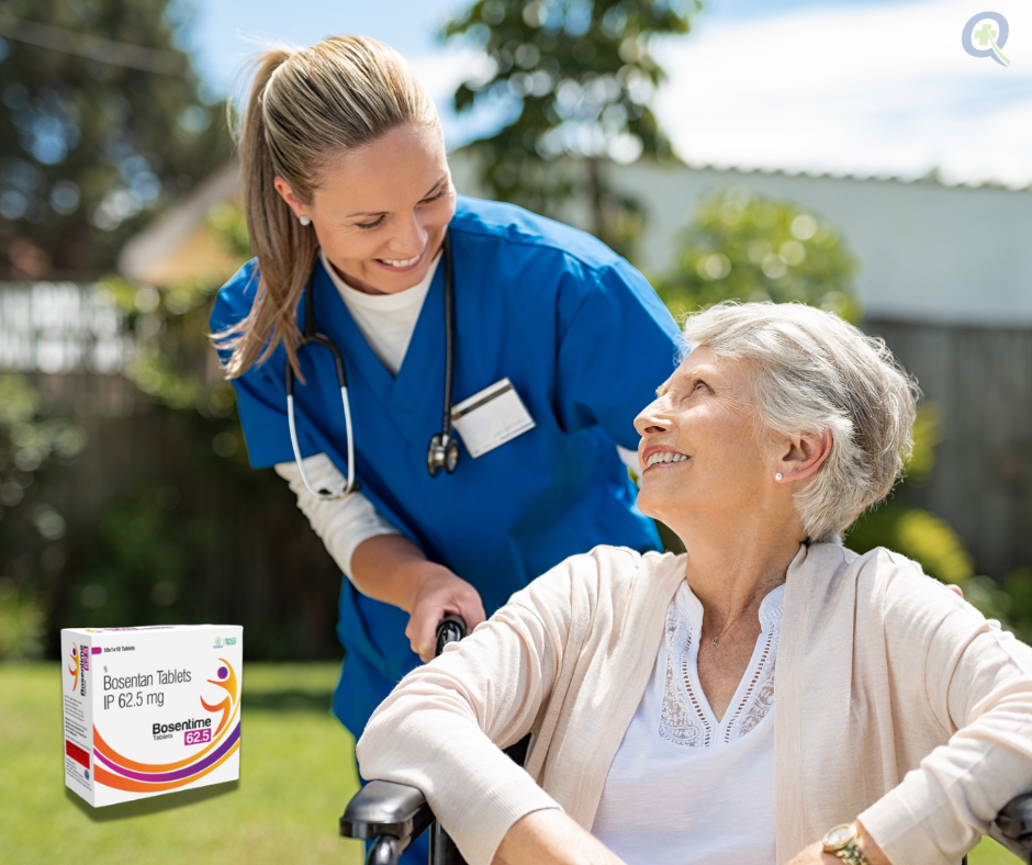 Smiling healthcare provider with happy PAH patient outdoors showing successful bosentan treatment outcomes