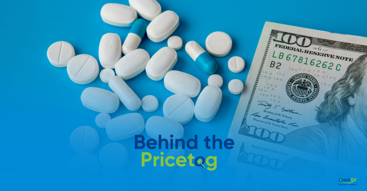 White Copaxone tablets scattered on a blue background next to a one hundred dollar bill, with text overlay 'Behind the Pricetag"