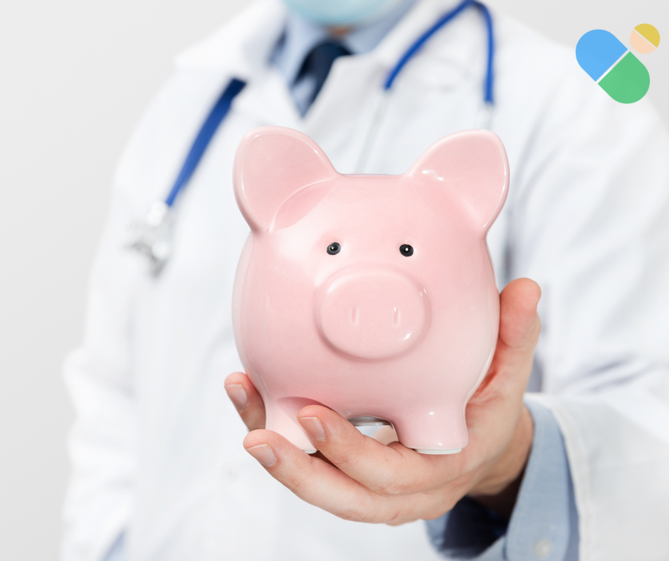 Medical professional in white coat holding a pink piggy bank, symbolizing cost-saving strategies for MS treatment