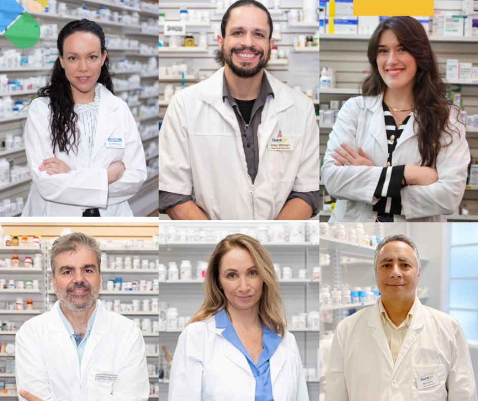 Group of six diverse pharmacists in white coats at pharmacy counters, representing healthcare resources available to MS patients