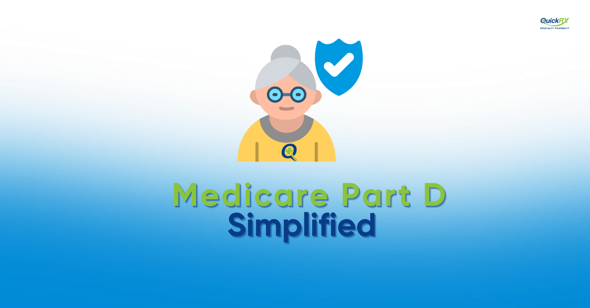 Elderly woman with glasses smiling with a blue shield icon representing Medicare Part D prescription drug coverage protection