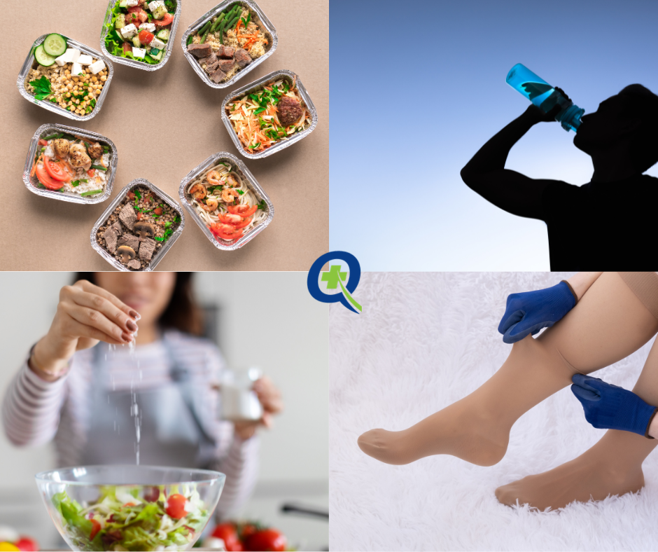 Collage showing meal preparation, hydration, and medical care for NOH management