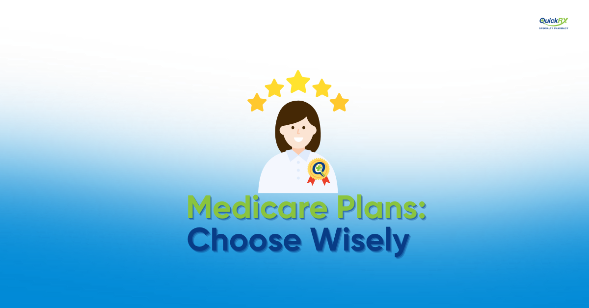 Smiling woman with 5-star rating badge representing successful Medicare prescription coverage choice between Part D and Medicare Advantage
