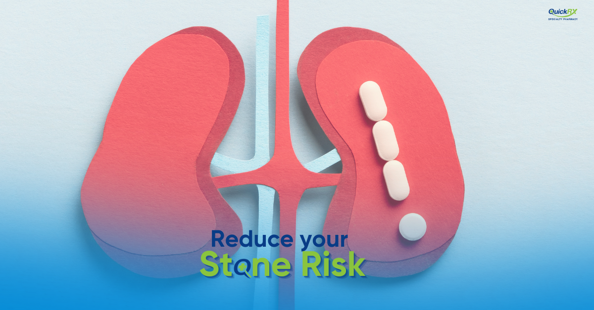 Illustration of kidneys with cystine kidney stones and medication pills showing treatment and prevention options