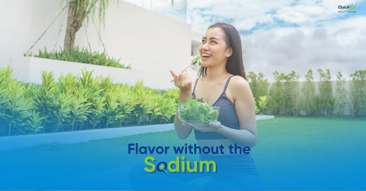 Woman eating healthy low-sodium salad outdoors for cystinuria kidney stone prevention diet