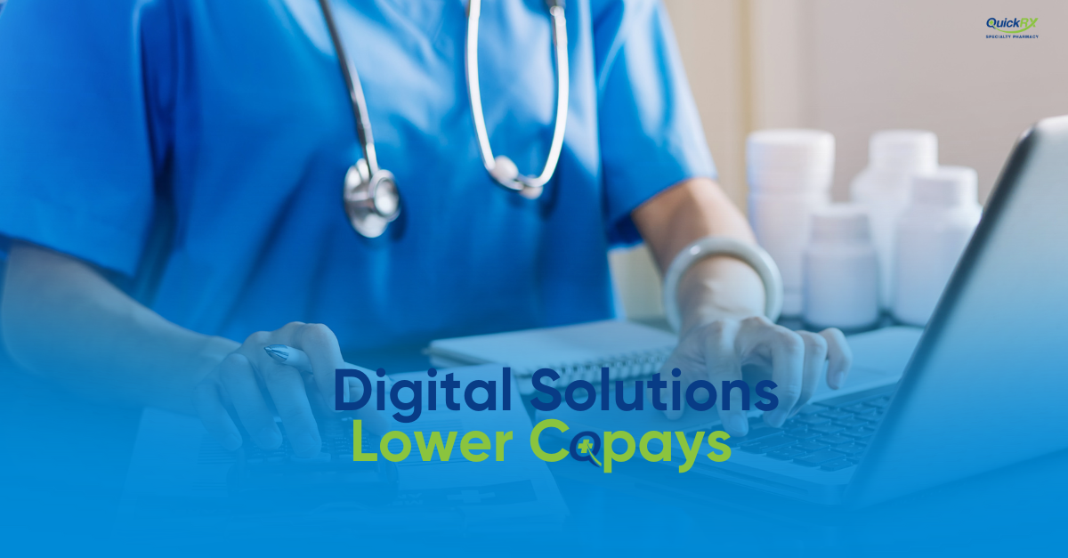 Healthcare professional in blue scrubs with stethoscope holding a tablet displaying digital copay solutions