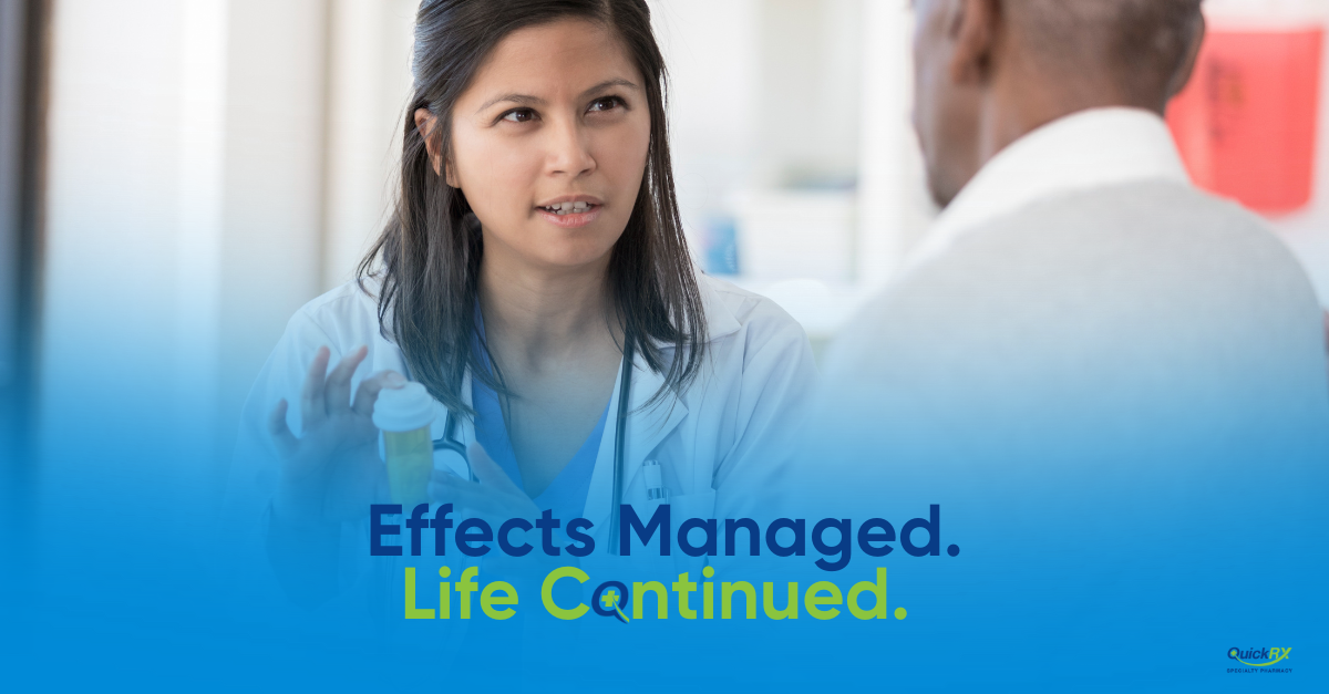 Healthcare professional discussing Zytiga side effects management with prostate cancer patient in medical office