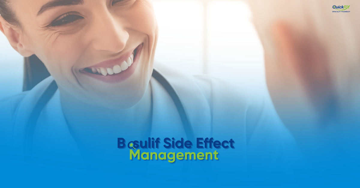 Smiling healthcare professional in medical scrubs representing Bosulif side effects management support for chronic myeloid leukemia CML patients