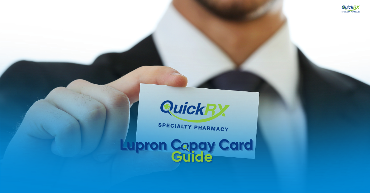 Man in business suit holding Lupron Copay Card Guide from QuickRx Specialty Pharmacy