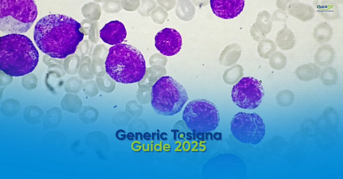 Microscopic view of chronic myeloid leukemia cells with Generic Tasigna Guide 2026 text overlay