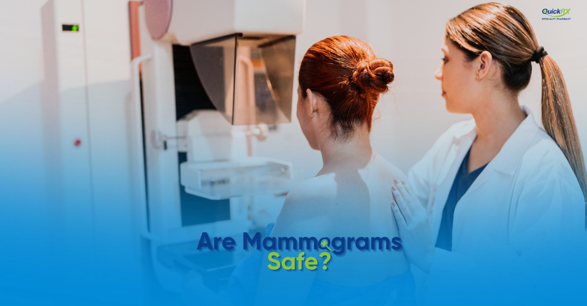 Woman receiving a mammogram screening with healthcare professional and text overlay reading Early Detection Is Key