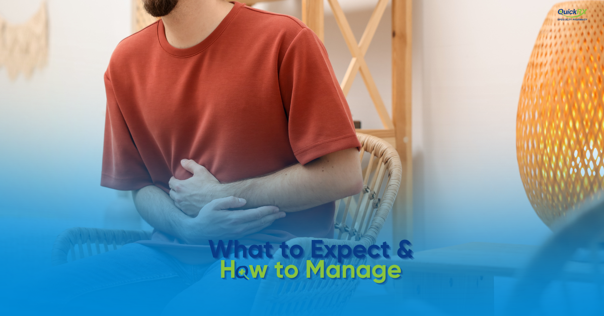 Person holding stomach representing Promacta side effects with text What to Expect and How to Manage