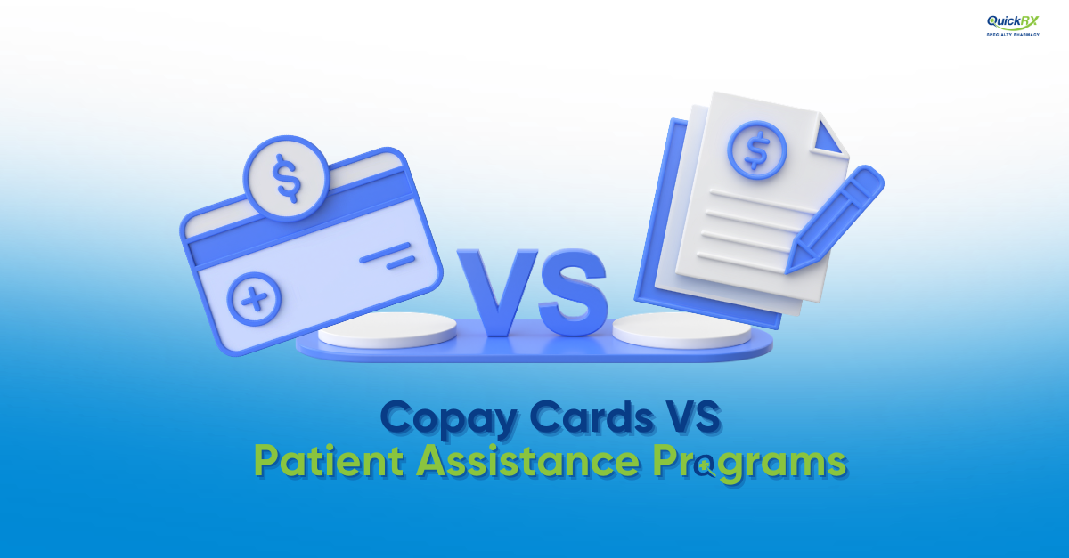 Illustration comparing a copay card versus a patient assistance program application for specialty medications
