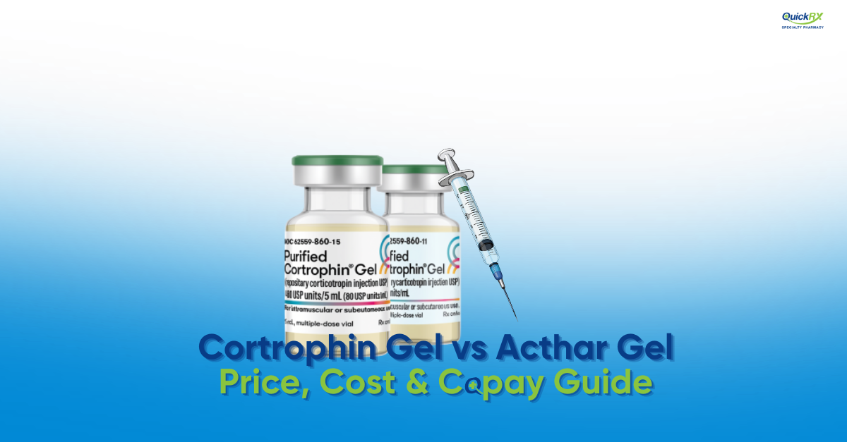 Medical vials of Purified Cortrophin Gel with syringe comparing repository corticotropin injection cost and copay assistance options versus Acthar Gel