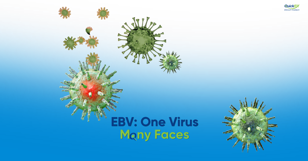 Illustration of multiple Epstein-Barr virus particles in various sizes and colors, representing EBV's role in numerous health conditions, with the title "EBV: One Virus, Many Faces"