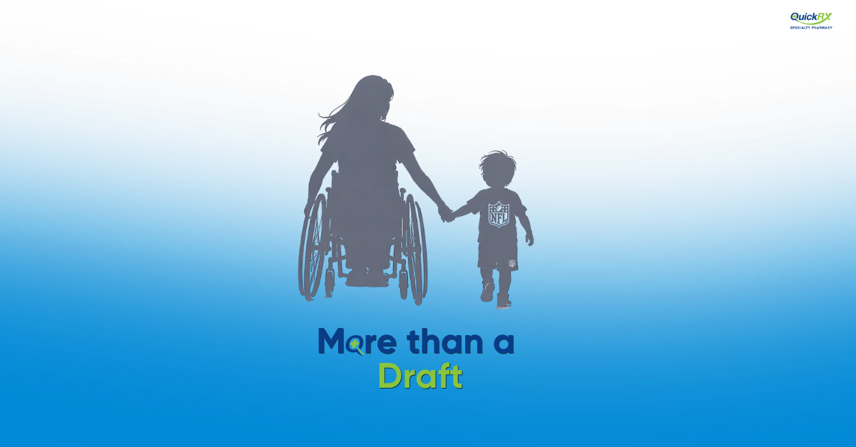 Silhouette of a mother in a wheelchair holding hands with her young son wearing an NFL shirt, with the text "More than a Draft" — illustrating the bond behind Fernando Mendoza's NFL journey and his mother Elsa's multiple sclerosis story.
