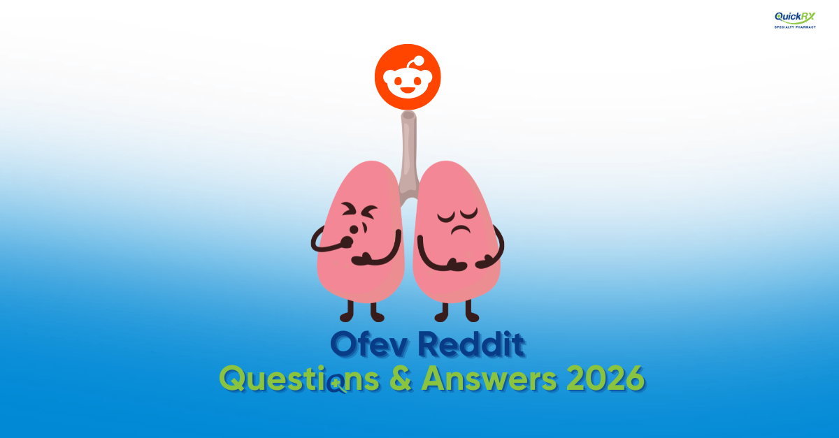 Cartoon illustration of sad lungs with Reddit logo representing real patient questions about OFEV (nintedanib) for pulmonary fibrosis