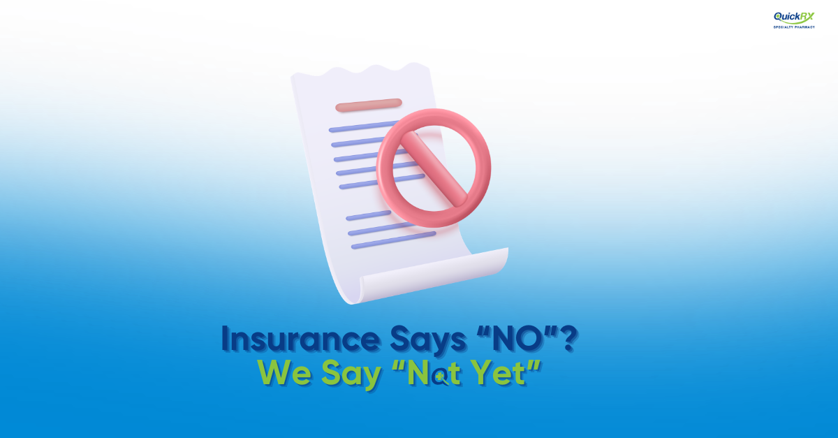 Illustration of a prescription document with a denial symbol representing an insurance prior authorization rejection for a specialty medication
