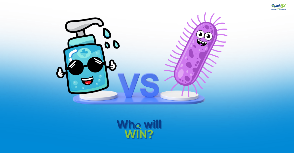 Cartoon hand sanitizer bottle facing off against a C. diff germ, illustrating how to prevent C. diff infection.