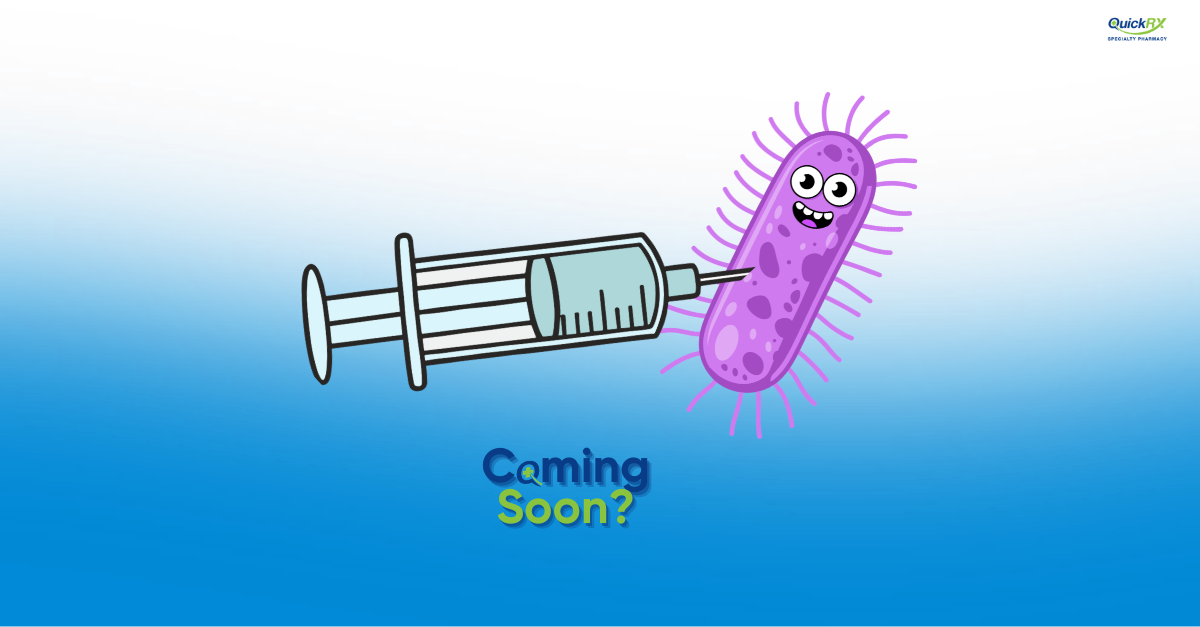 Cartoon vaccine syringe pointed at a C. diff germ, illustrating research into a C. diff vaccine.