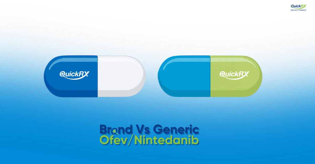 Brand Ofev and generic nintedanib capsules side by side with QuickRx branding, comparing brand vs generic IPF treatment options
