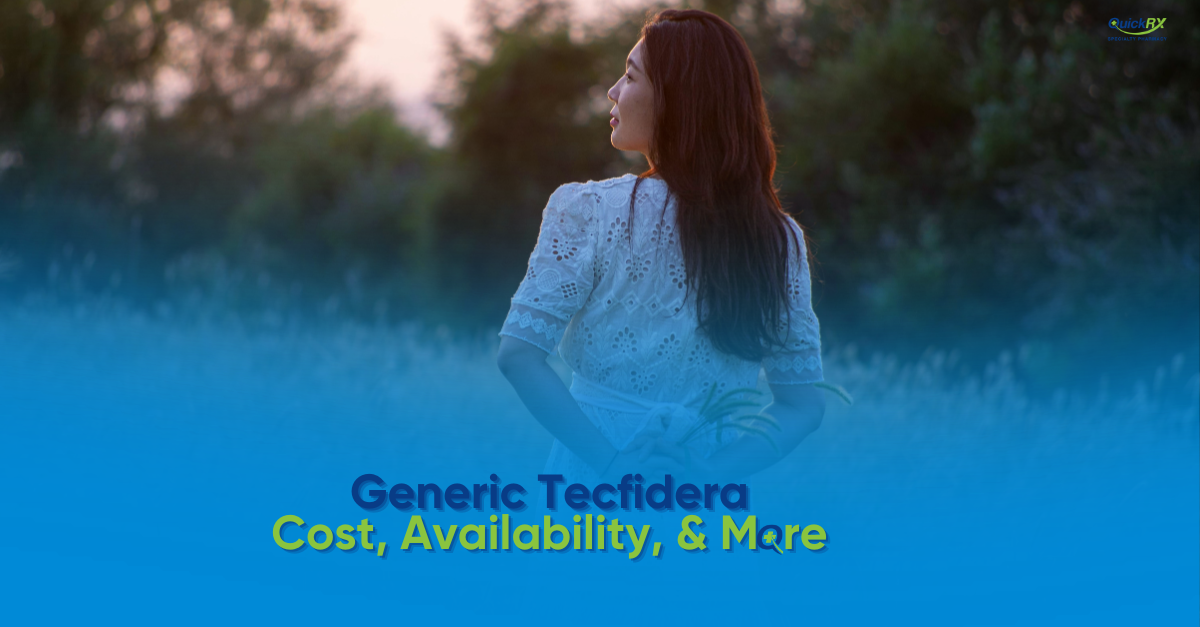 Woman standing outdoors looking calm and reflective, for a QuickRX Specialty Pharmacy guide to generic Tecfidera (dimethyl fumarate) cost and availability