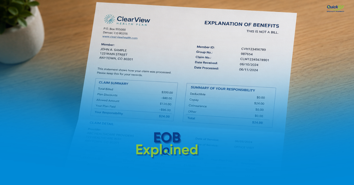 Sample Explanation of Benefits (EOB) statement marked "This is not a bill," with a QuickRx "EOB Explained" magnifying-glass graphic