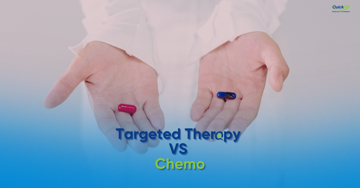 Two open hands each holding a capsule, one red and one blue, representing a comparison of targeted therapy versus chemotherapy.
