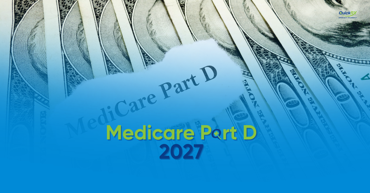 Medicare Part D 2027 costs guide from QuickRx Specialty Pharmacy, with US hundred dollar bills behind a blue overlay