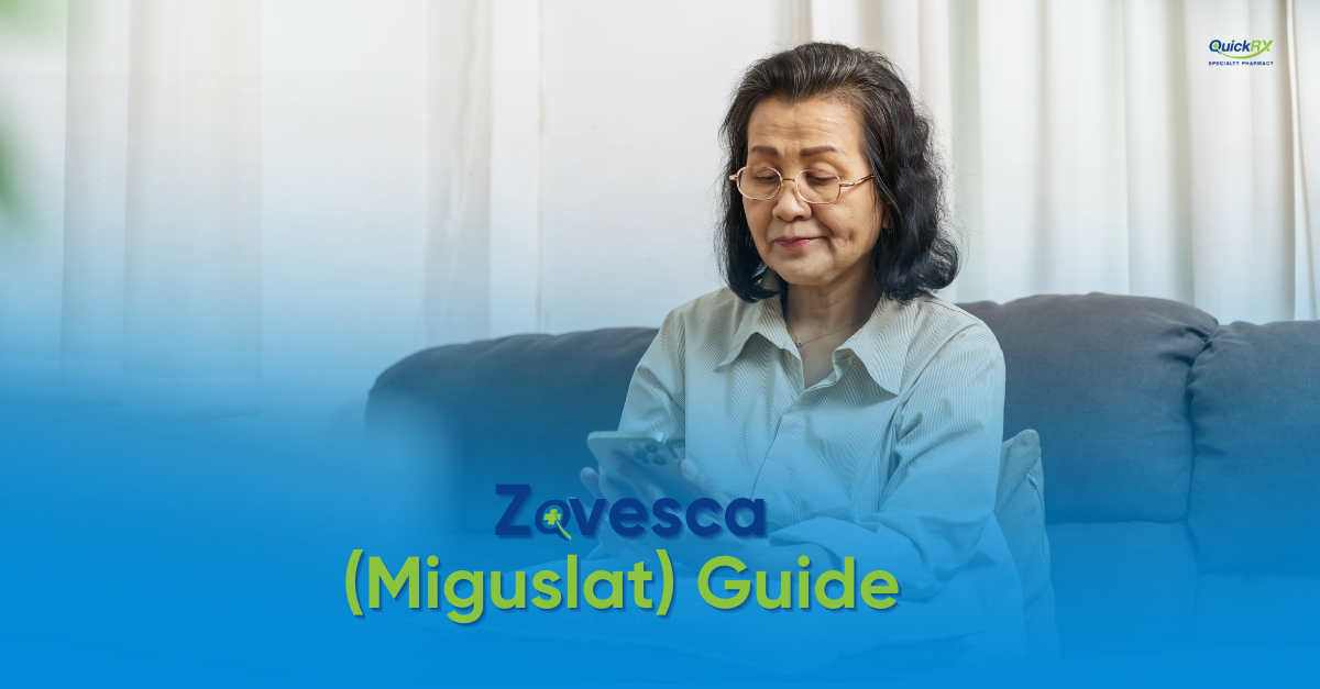 Older adult reading a miglustat prescription bottle at home for type 1 Gaucher disease