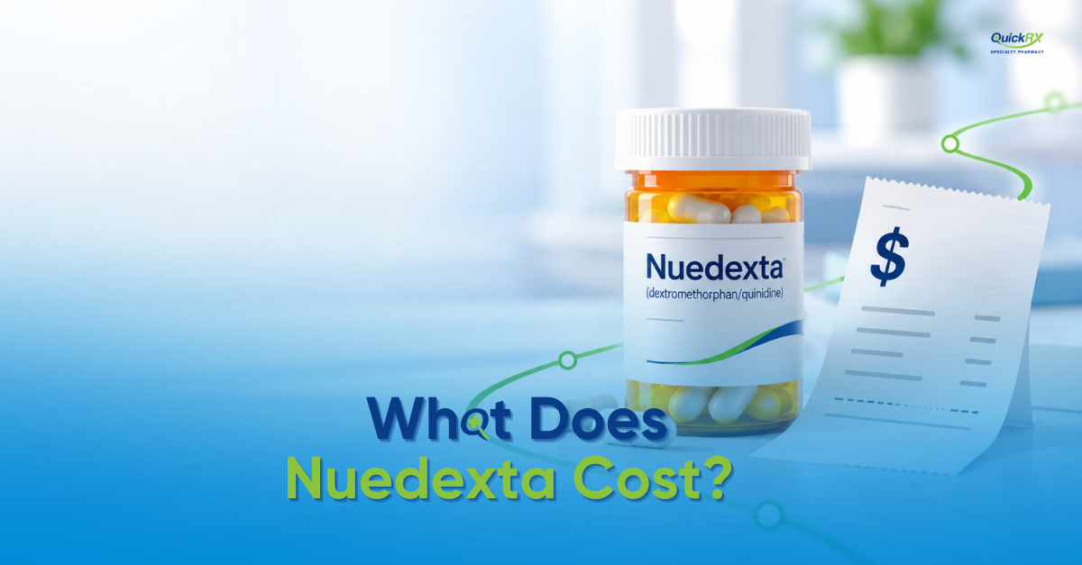 Nuedexta (dextromethorphan and quinidine) capsule bottle with the headline "What Does Nuedexta Cost?" for a generic Nuedexta cost guide